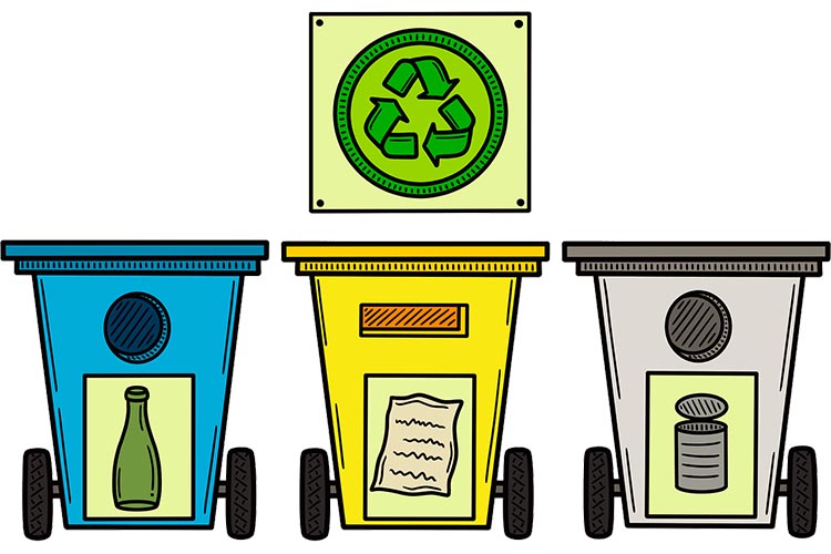 stilisierte Darstellung von Abfallbehältern für Glas, Plastverpackungen und Restmüll, darüber das Symbol der Kreislaufwirtschaft