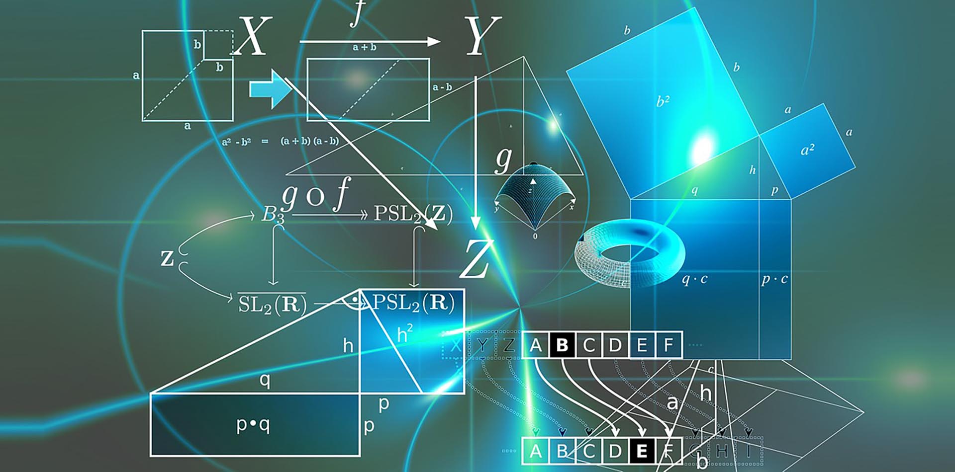 stilisierte Darstellung mit Formeln, Dreiecken, Rechtecken, mathematischen Beziehungen