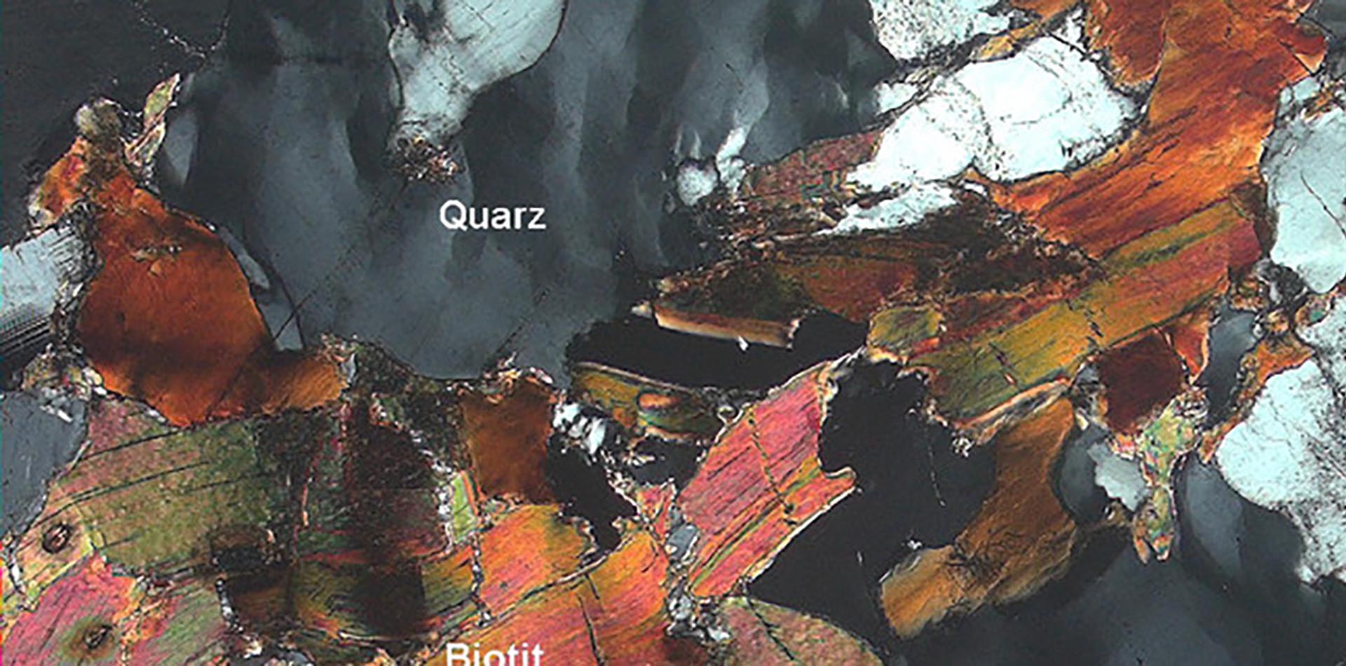 Dünnschliff einer Gestreinsprobe, Quarz und Biotit bezeichnet