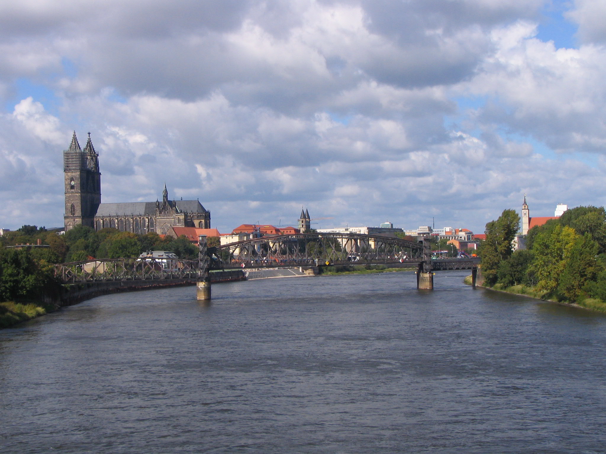 Blick über die Elbe auf Magdeburg mit Hubbrücke, Dom, Kloster  und Johanniskirsche