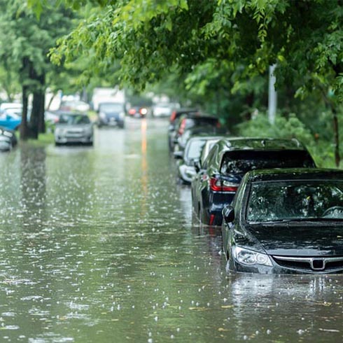 Fahrzeuge stehen auf einer Straße im Wasser