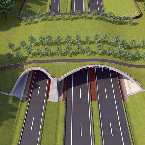 Modell einer Autobahn mit Grünstreifen und Wildbrücke