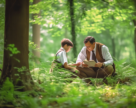 ein Mann sitzt mit einem Kind im Wald und erklärt etwas