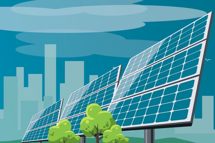 stilisierte Darstellung von Photovoltaik-Paneelen vor eine Stadt-Skyline