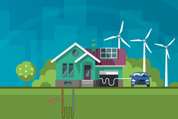 stiliserte Darstellung für Erdwärme, Windenergie, Photovoltaik und E-Mobilität