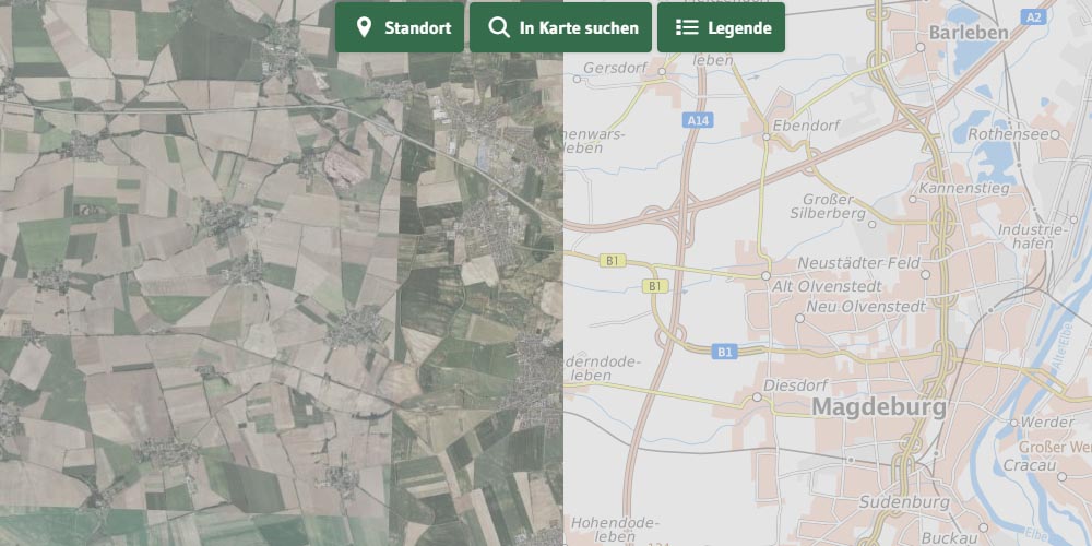 eine Karte in Karten- und Satellitenbild-Darstellung im Bereich Magdeburg