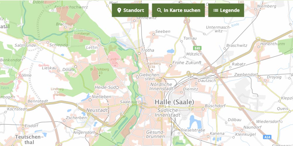 Kartenauszug für den Bereich Halle (Saale) mit der Möglichkeit, einen Standort zu definieren